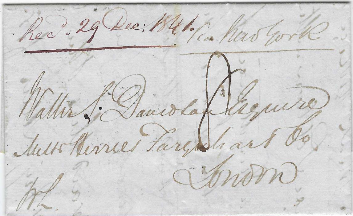 Macau 1841 (27 July) entire to London, endorsed “Via New York” with manuscript “8” at centre, reverse with octagonal framed LIVERPOOL SHIP and red arrival cds of 29 DE, also on reverse a faint red oval Forwarding Agents cachet; light vertical filing crease.