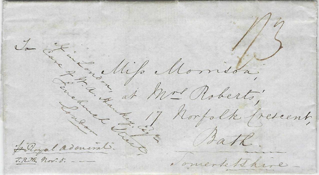 Macau 1835 (4 Nov) entire to Bath, England from the missionary Robert Morrison, endorsed “pr Royal Admiral” (that sailed from Canton arriving at Plymouth on May 7th). Charged “1/3” for ship letter rate via India of 4d., plus 11d. for 100 miles on inland carriage. Reverse with INDIA LETTER/ PLYMOUTH framed handstamp. A total transit time was a very lengthy 187 days; fine.