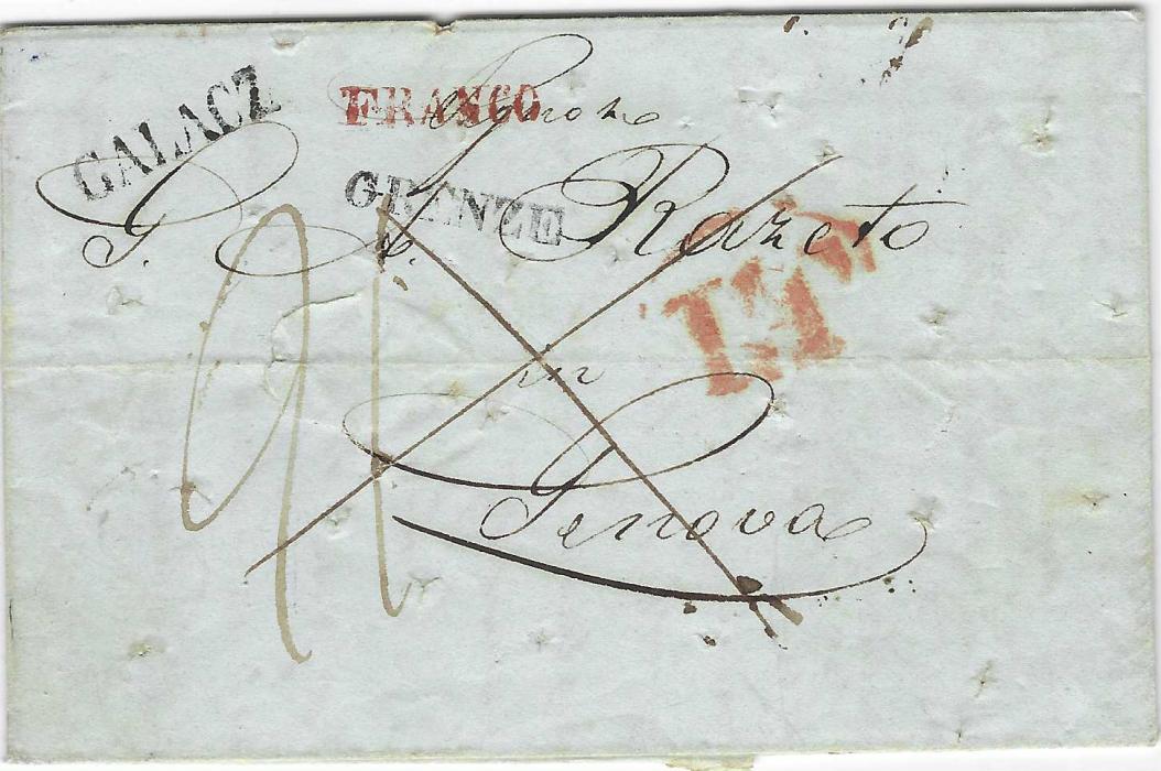 Austrian Levant (Romania) 1842 entire to Genova bearing fine straight-line GALACZ despatch, GRENZE handstamp applied in trnsit at Hungarian border, red straight-line FRANCO and large L.T., arrival backstamp. The entire was disinfected showing random small punch holes. Fine and scarce.