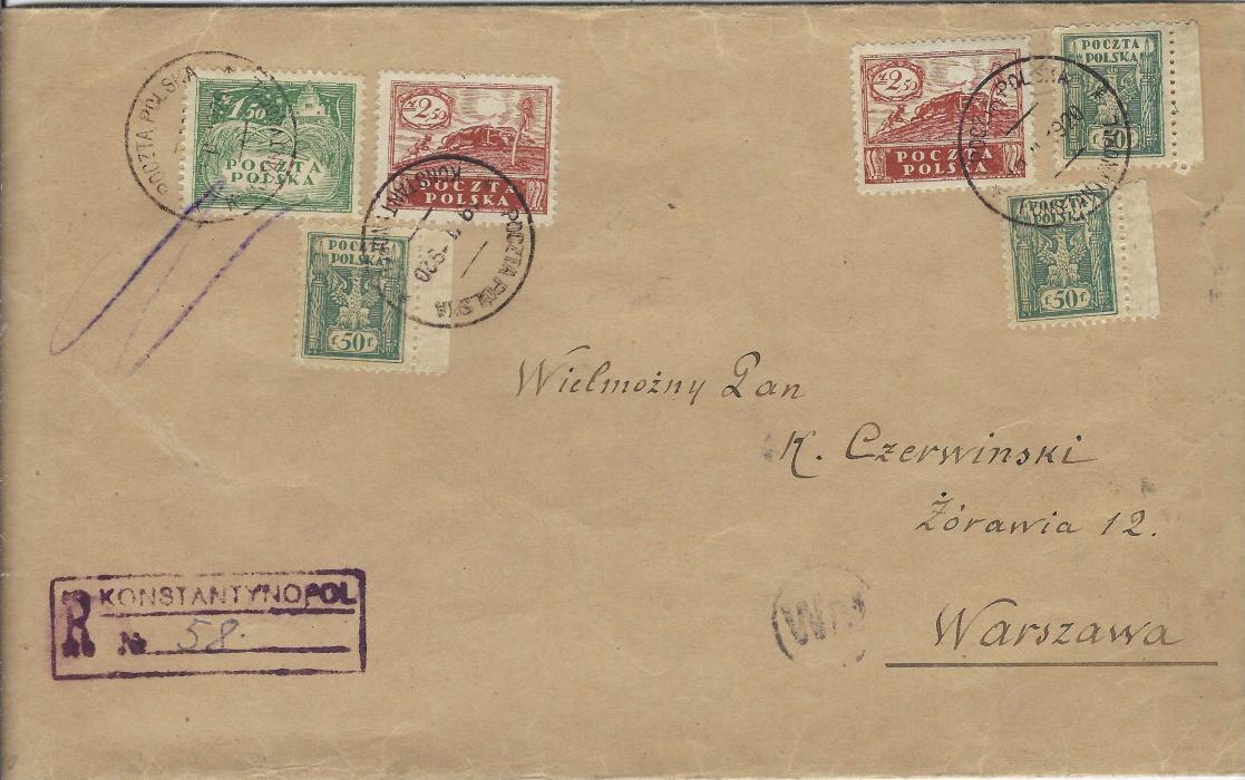 Poland 1920 (19.II) registered envelope to Warszawa franked 50f. (3), 1m.50 and 2.50 (2) tied by three POCZTA POLSKA KONSTANTYNOPOL cds and at lest showing violet registration handstamp KONSTANTYNOPOL, arrival backstamp with incorrect year in date. Fine and rare.