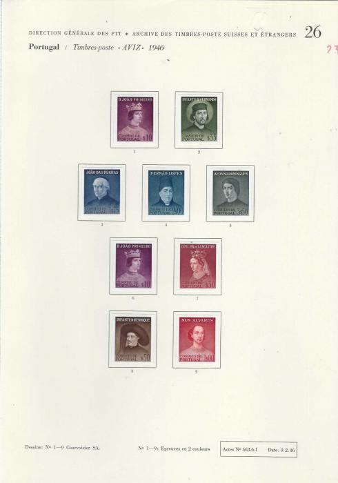 Portugal 1949 Portraits accumulation of 74 Courvoisier proofs affixed to their archive pages, all are imperf in various colours or combination of colours and includes frame only of the miniature sheet. A unique group.