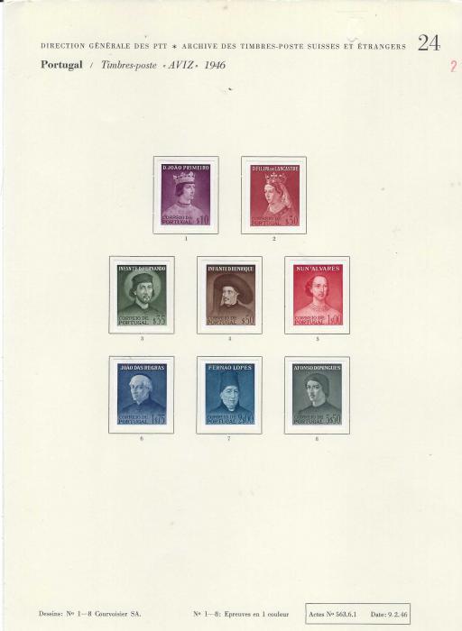 Portugal 1949 Portraits accumulation of 74 Courvoisier proofs affixed to their archive pages, all are imperf in various colours or combination of colours and includes frame only of the miniature sheet. A unique group.