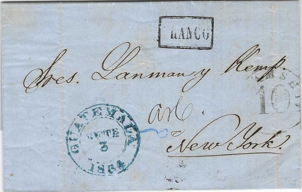 Guatemala 1864 (Sept 3) entire ex Kemp correspondence to New York bearing blue GUATEMALA date stamp and framed FRANCO, circular STEANMSHIP 10 handstamp at right, reverse with ‘2’ handstamp; two vertical filing folds.