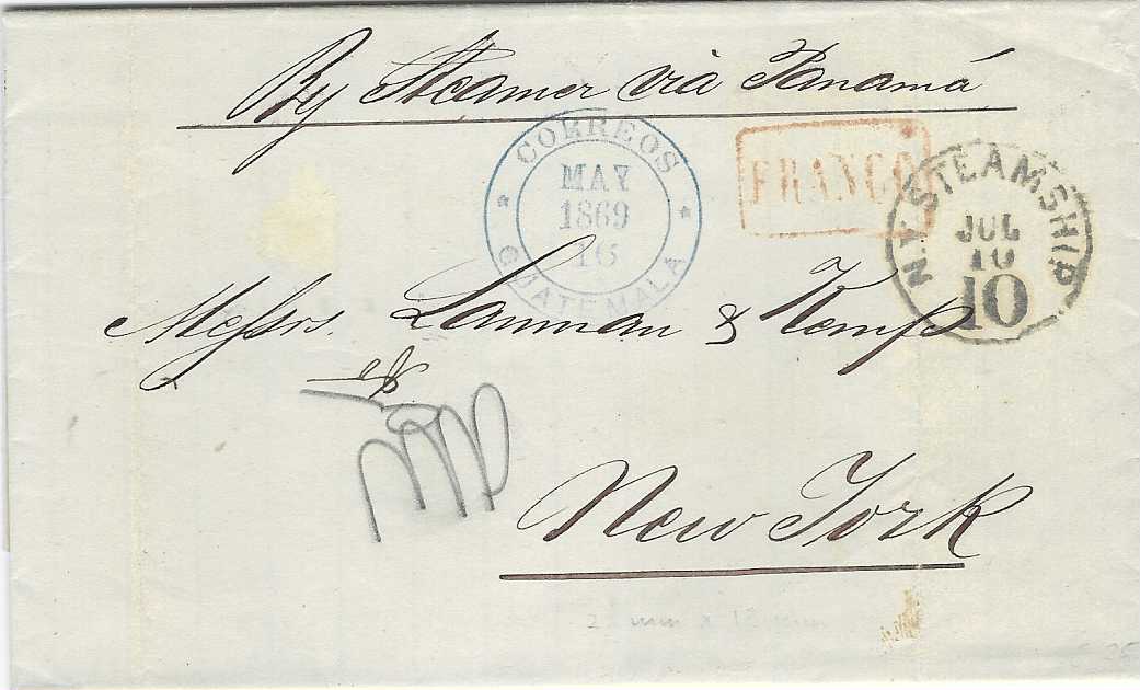 Guatemala 1869 (May 16) entire ex Kemp correspondence to New York bearing blue CORREOS GUATEMALA date stamp and framed FRANCO, circular N.Y. STEANMSHIP 10 handstamp at right, two vertical filing folds otherwise fine and fresh.