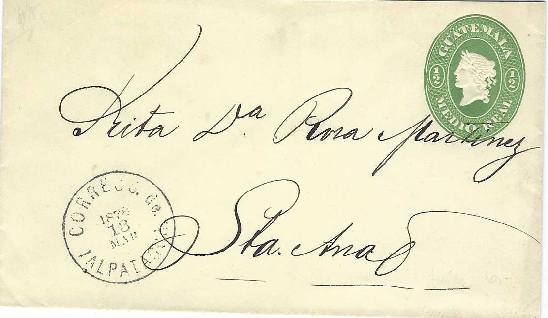 Guatemala 1878 (13 Mar) ½ real ‘Liberty’ postal stationery envelope used to Santa Ana with CORREOS De IALPATAGUA date stamp at left; very fine used with good strong colour to image, a fine early usage.