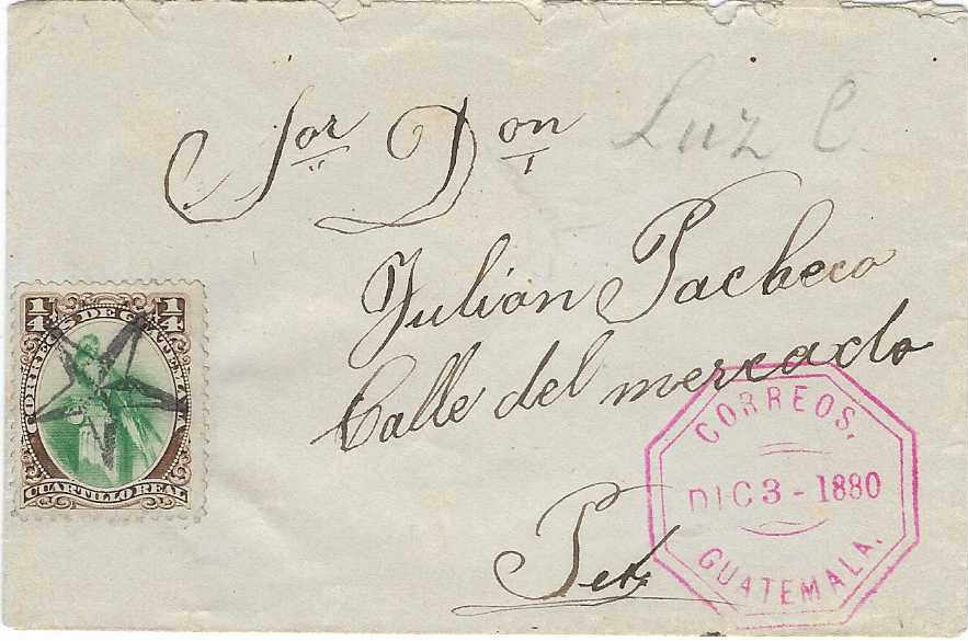 Guatemala  1880 (Dic 3) small local cover used within Guatemala City bearing single franking 1879 ¼r. green and brown ‘Quetzal’  cancelled with full star handstamp, red octagonal date stamp bottom right; fine and attractive.
