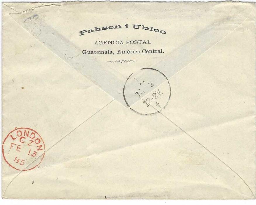Guatemala 1885 (Ene 12) envelope to Leipzig, Germany franked 1881 10c. tied by cork cancel with at bottom right violet scallop edged CORREOS GUATEMALA cds, reverse with London transit and arrival cds; fine clean condition.