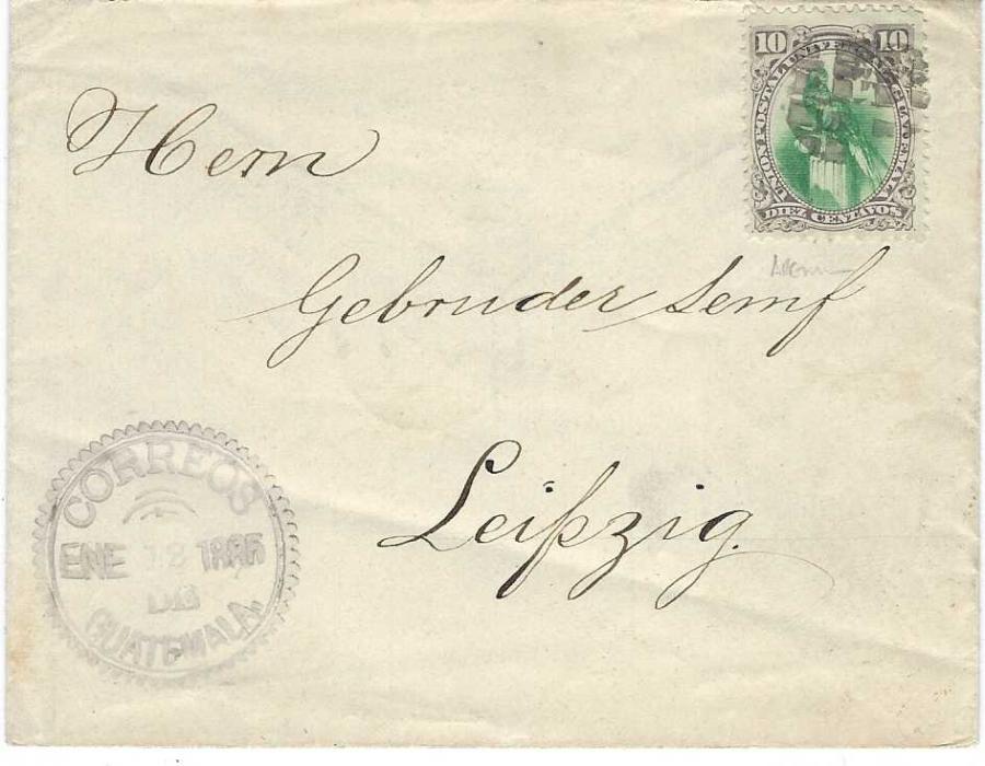 Guatemala 1885 (Ene 12) envelope to Leipzig, Germany franked 1881 10c. tied by cork cancel with at bottom right violet scallop edged CORREOS GUATEMALA cds, reverse with London transit and arrival cds; fine clean condition.