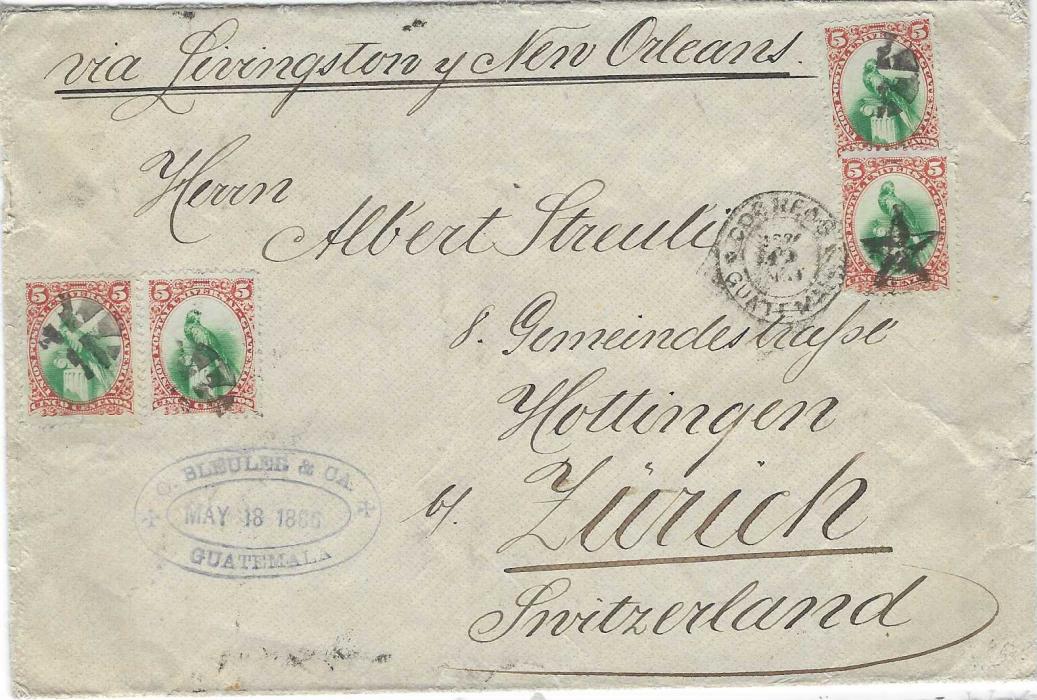 Guatemala 1886 (May 18) cover to Zurich, Switzerland endorsed “via Livingston y New Orleans” and franked four 1881 5c. Quetzal, three cancelled with cork handstamp and one by CORREOS GUATEMALA ‘star’ duplex, reverse with New Orleans and New York transits, Neumunster arrival cds.