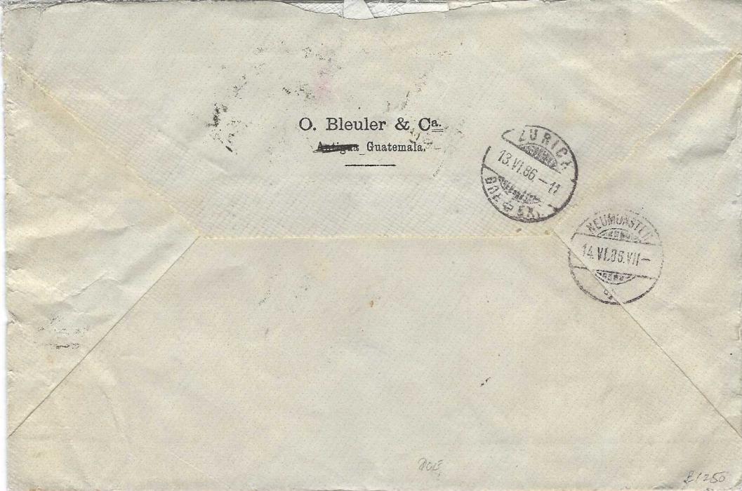 Guatemala 1886 (May 16) cover to Zurich, Switzerland endorsed “via Panama y New York” and franked 1881 5c. (4) and a 10c. Quetzal, all cancelled with cork handstamps  and also by CORREOS GUATEMALA ‘star’ duplex, Calais A Paris tpo bottom left, reverse Zurich and Neumunster arrival cds.