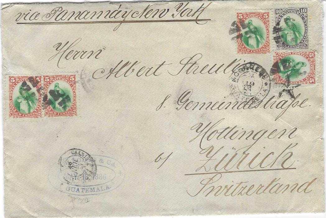 Guatemala 1886 (May 16) cover to Zurich, Switzerland endorsed “via Panama y New York” and franked 1881 5c. (4) and a 10c. Quetzal, all cancelled with cork handstamps  and also by CORREOS GUATEMALA ‘star’ duplex, Calais A Paris tpo bottom left, reverse Zurich and Neumunster arrival cds.