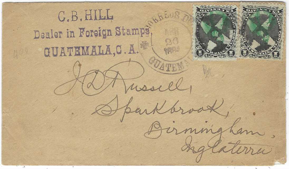 Guatemala 1884 (Apr 20) cover to Birmingham, franked 1881 1c. Quetzal (2) each with heavy central segmented cork cancel and left hand stamp tied by CORREOS DE GUATEMALA date stamp, Sparbrook arrival backstamp; damaged bottom right corner, rare.