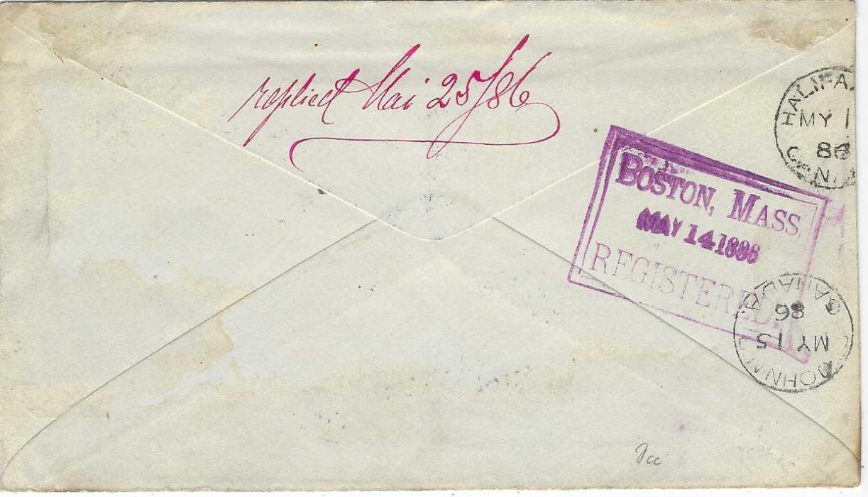 Guatemala 1886 (Abr 27) registered cover to Halifax, N.S., Canada bearing single franking 1886 Pres. Rufino Barrios 25c on 1p.  with blue cork cancel, at left framed datestamp in same colour and a registration handstamp with various erased manuscript numbers, the envelope with handstamp endorsement ‘Por via LIVINGSTON’, reverse with Boston transit and arrival cds. Some slight grubbiness, scarce commercial item.