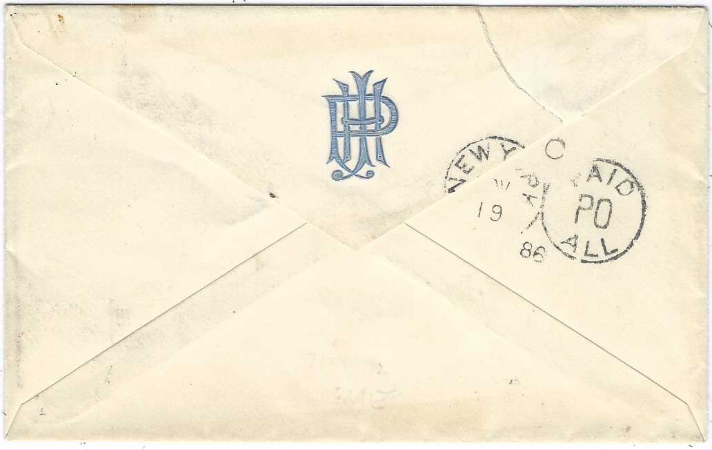 Guatemala 1886 (Nov 4) envelope to New York franked 1886 ‘Arms’ 5c. deep violet (2), the right-hand stamp with cork cancel and that on left with five pointed star, Correos Guatemala cds alongside, ‘opera glasses’ arrival backstamp.