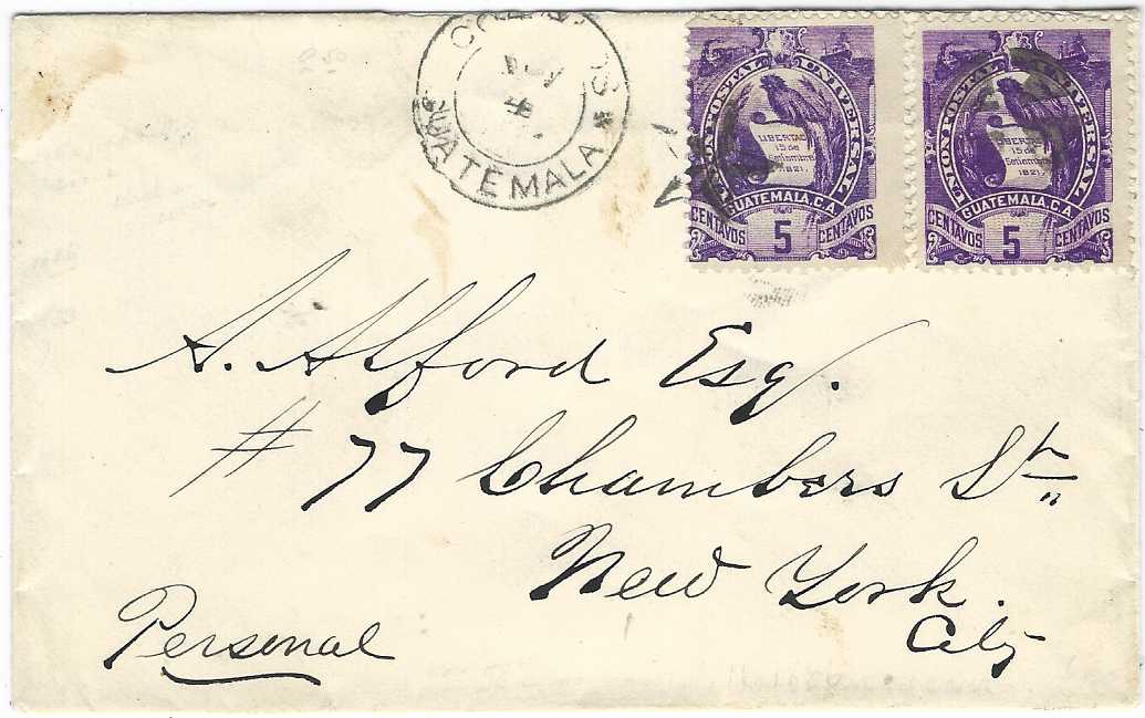 Guatemala 1886 (Nov 4) envelope to New York franked 1886 ‘Arms’ 5c. deep violet (2), the right-hand stamp with cork cancel and that on left with five pointed star, Correos Guatemala cds alongside, ‘opera glasses’ arrival backstamp.