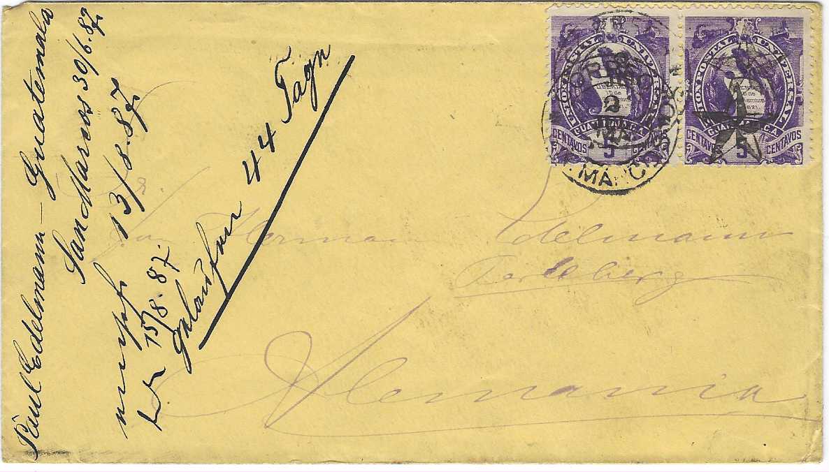 Guatemala 1887 (2 Jul) envelope to Perleberg, Germany  franked 1886 ‘Arms’ 5c. deep violet (2), cancelled with five pointed star Correos Costa De Cucho duplex, repeated on reverse with arrival cds of 13/8; manuscript annotations at left.