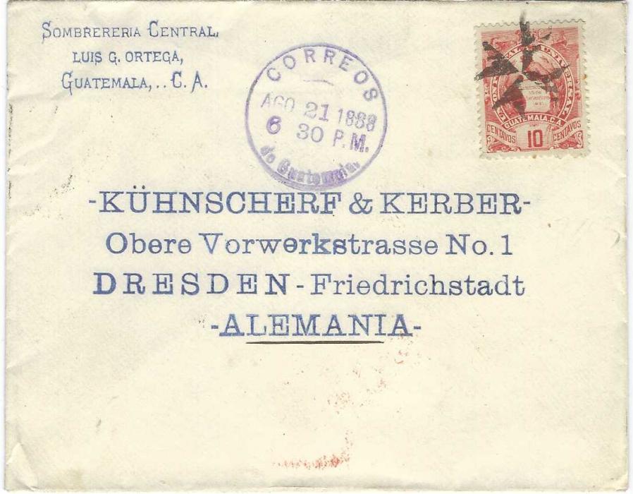 Guatemala 1888 (Ago 21) printed envelope to Dresden franked 10c. Arms tied ornate four pointed star handstamp, violet cds to left, reverse with London transit and arrival cds
