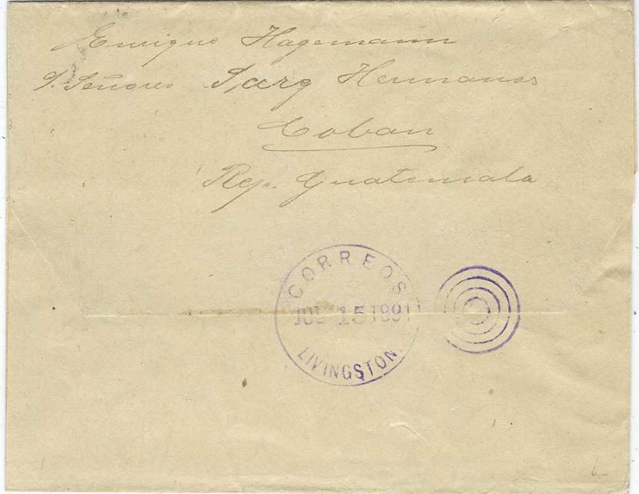 Guatemala 1890 (or 1891) 2c postal stationery wrapper to Hamburg, endorsed “via Livingston/ New Orleans”  with ornate pen cancellation, Correos Coban five pointed star duplex. On reverse violet Correos Livingston transit which is dated 1891.
