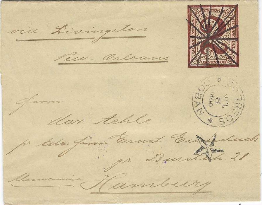 Guatemala 1890 (or 1891) 2c postal stationery wrapper to Hamburg, endorsed “via Livingston/ New Orleans”  with ornate pen cancellation, Correos Coban five pointed star duplex. On reverse violet Correos Livingston transit which is dated 1891.