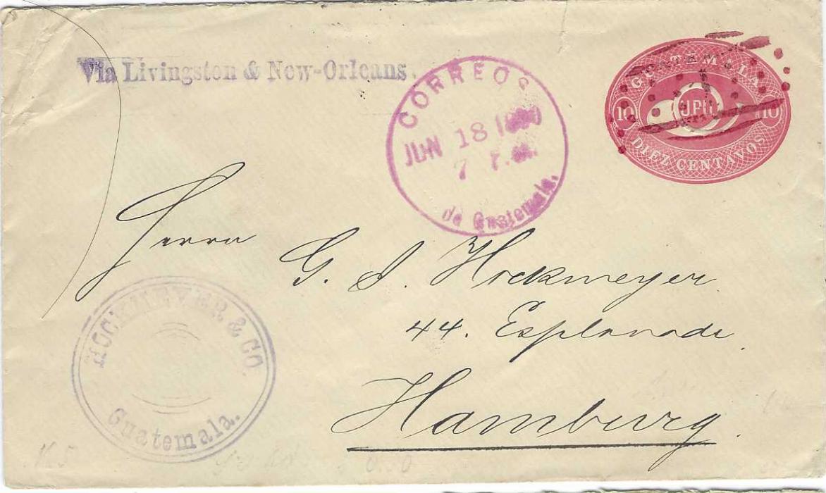 Guatemala 1890 (Jun 18) 10c. postal stationery envelope to Hamburg, endorsed ‘Via Livingston & New Orleans’, cancelled ‘1’ numeral with Correos de Guatemala date stamp to left, arrival backstamp. Small tear at top of envelope, good correct usage. 