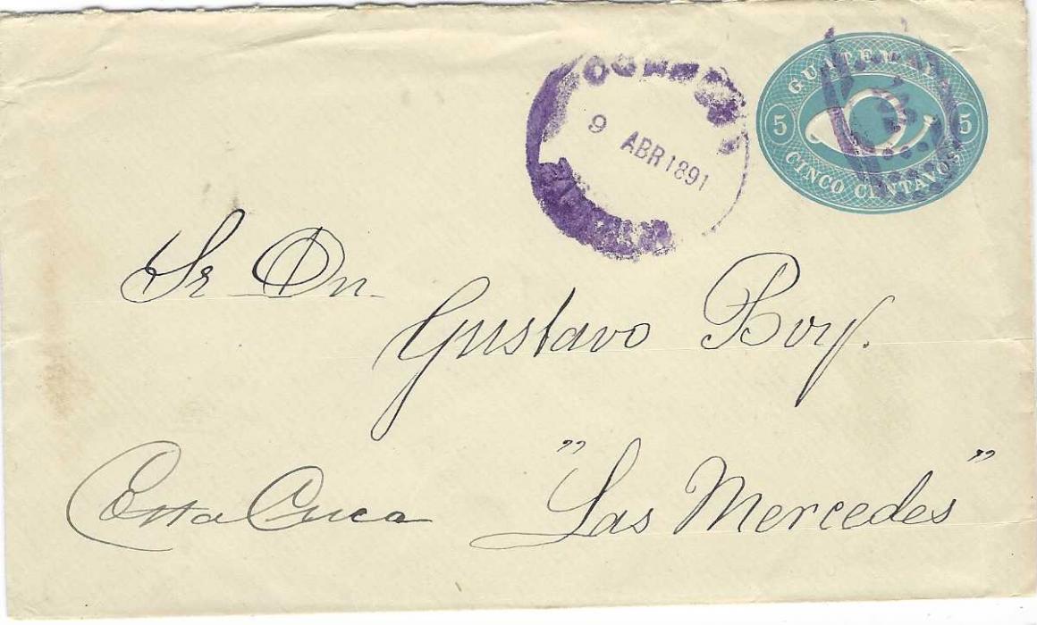 Guatemala 1891 (9 Abr) 5c. postal stationery envelope used internally and cancelled fine numeral 102 with unclear cds in association
