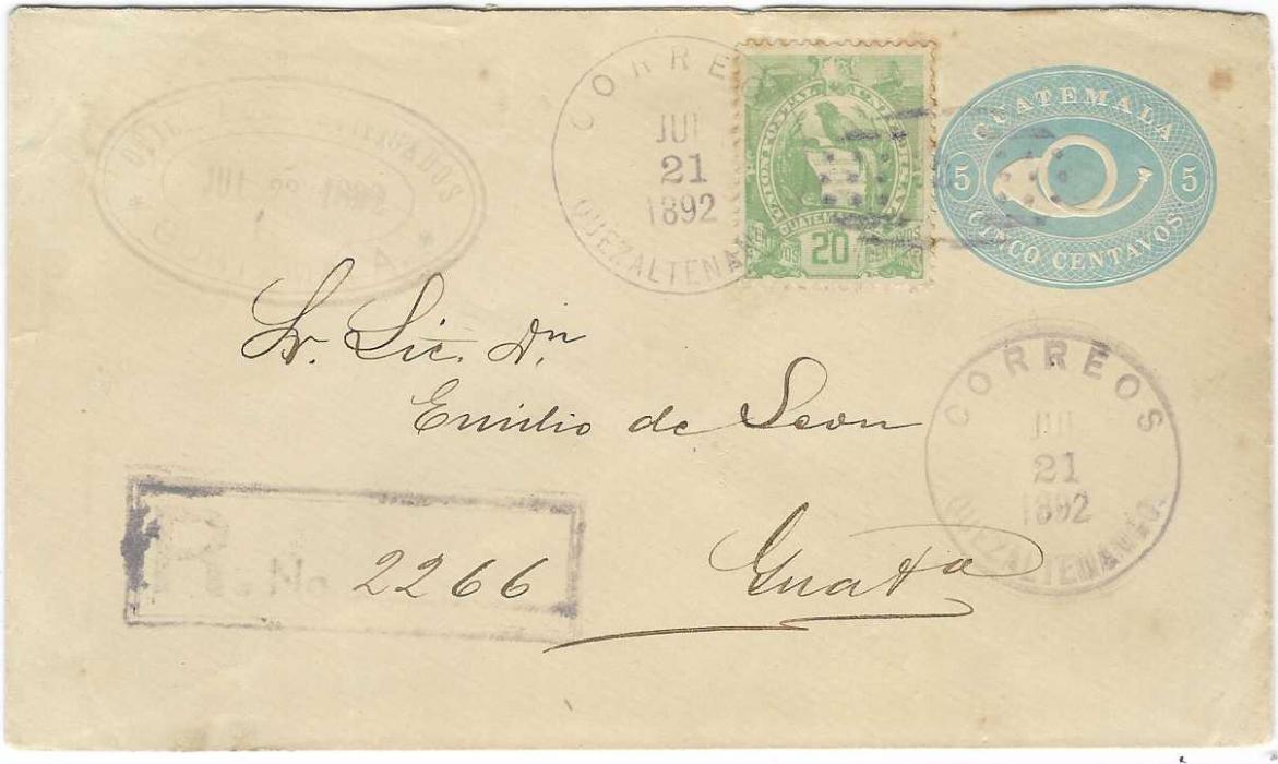 Guatemala 1892 (Jun 21) 5c. postal stationery envelope internally registered and uprated litho 20c. Arms tied Quezaltenado numeral duplex; some perf toning but generally good example of registered double weight cover.