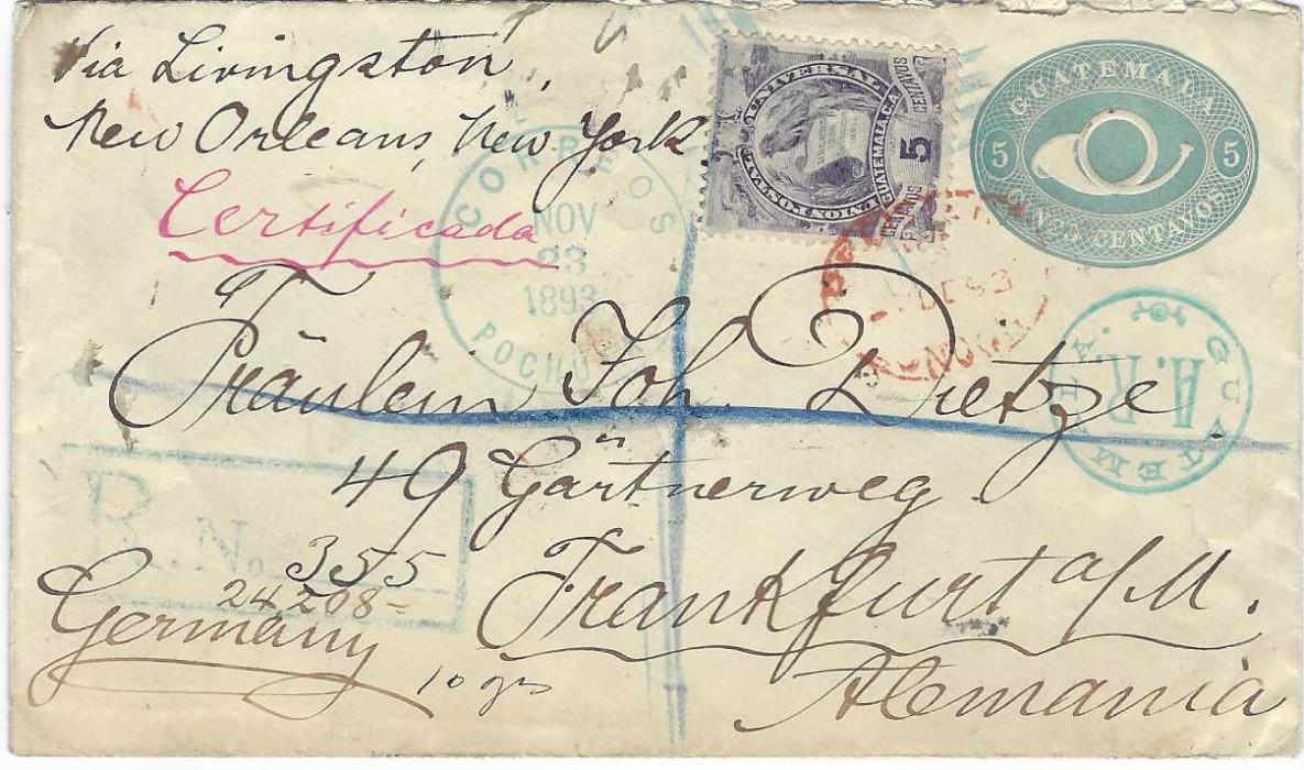 Guatemala 1893 (Nov 23) 5c. blue stationery envelope A.R. registered to Frankfurt uprated ‘Arms’ 5c. on front and further 5c. and a 10c. on reverse tied by light blue-green four bars cancel, CORREOS POCHUTA cds in same colour and at right a circular framed Guatemala A.R. handstamp, registration handstamp at left, red London transit and arrival backstamp.