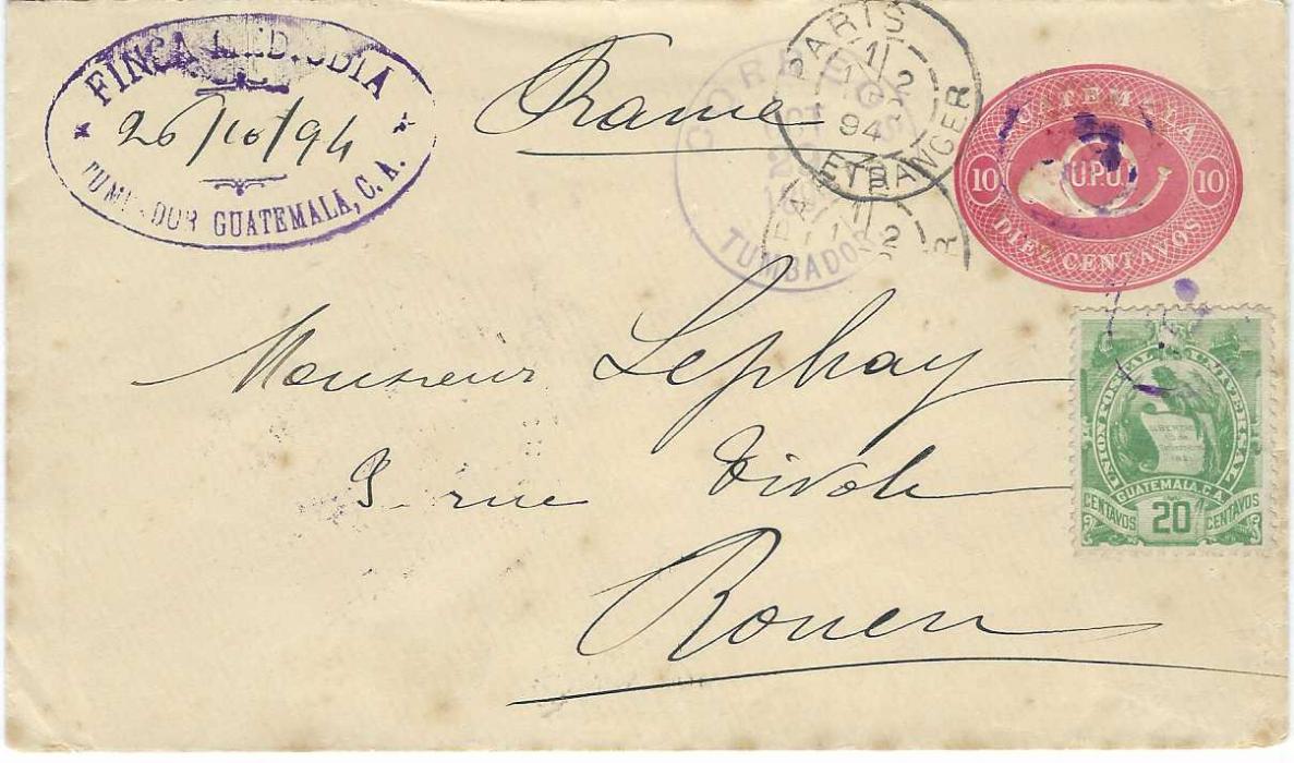 Guatemala 1894 10c. postal stationery envelope to Rouen, France, uprated 20c. cancelled unclear violet handstamps, Tumbador cds to left overstruck with Paris transit