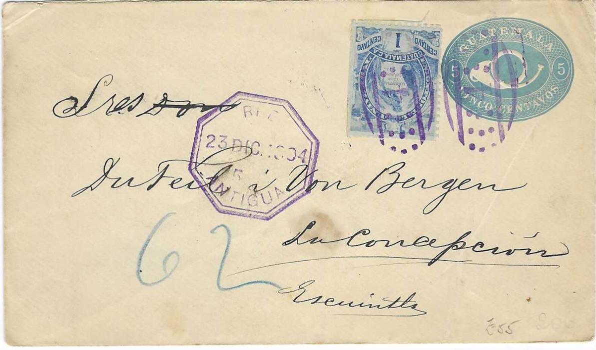 Guatemala 1894 (23 Dic) 5c. internal postal stationery envelope to La Concepcion uprated 1c. ‘Arms’ (some shaved perfs) tied by two violet ‘4’ numeral handstamps and with octagonal Antigua date stamp to left;  light vertical creasing running through design.