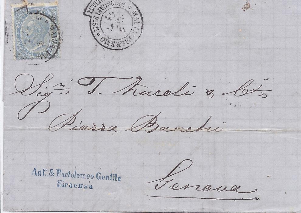 Italy 1864 pair of entires both franked 15c., the first 13 Ago from Messina to Trapani cancelled by Palermo-Malta Piroscafi Post Italiani keyhole date stamp with a fine strike alongside, the second of 6 Set from Siracusa to Genova cancelled Malta-Palermo Piroscafi Post Italiani. A fine pair of covers showing both directions of this scarce maritime date stamp.