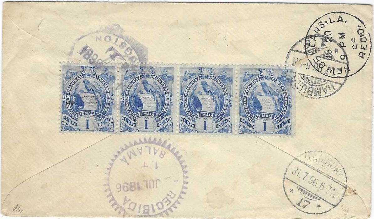 Guatemala 1896 (5 Jul) 5c. postal stationery envelope to Hamburg, uprated five 1c. ‘Arms’ (one on front and strip of four on reverse, that on front tied with fine ‘96’ numeral handstamp, Parimal octagonal despatch, Recibida Coban transit to left of this, the strip of four on reverse only cancelled by transit and arrival cancels.