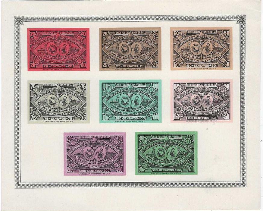 Guatemala 1897 Central American Exhibition set of 14 on two special sheets from a presentation folder, each a imperf image in issued colours; fine and rare.