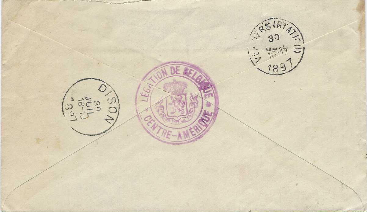Guatemala 1897 Central American Exhibition 2c. postal stationery envelope used to Belgium, uprated 2c. and 6c. of same design tied by violet cork handstamps and unclear octagonal despatch, reverse with Dison transit and arrival cds plus violet cachet Legation De Belgique Centre-Amerique.