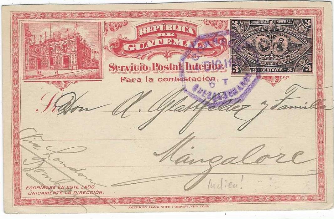 Guatemala (Picture Postal Stationery) 1897 3c. Central American Exhibition card with printed image on front of local Indian with large backpack and New Years greeting, used from Quezaltenango; fine condition.