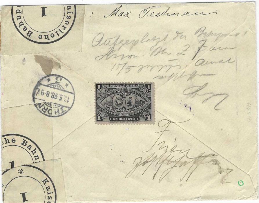 Guatemala 1898 (Abr 23)  registered AR cover to Thorn, Germany franked ‘Arms’ 1c., 2c. pair, 10c. and 50c. cancelled violet five line bar cancels, large oval OFICINA DE CERTIFICADOS date stamp, GUATEMALA  A.R. circular cachet and registration handstamp in same colour. Large red Ruckschein applied in Germany and as the envelope seems to be split open at side ‘Kaiserlische Bahnpost’ labels applied (cut away from front now), one tied by arrival cds. A fine five times rate cover.