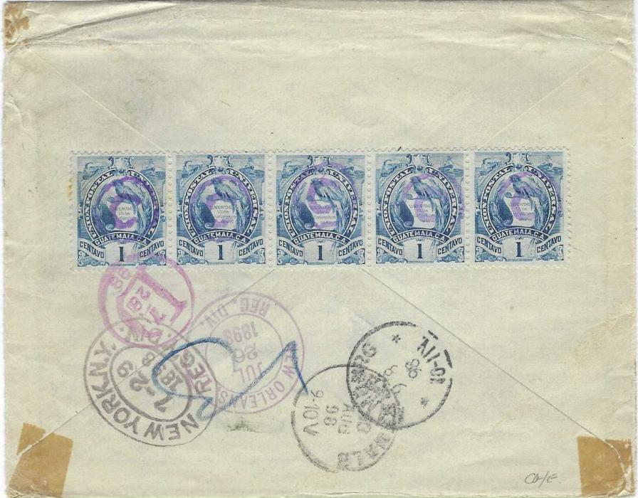 Guatemala 1898 (Jul 26)  registered AR cover to Hamburg, Germany franked ‘Arms’ litho 20c. and engraved 10c. on front plus strip of five 1c. on reverse, ‘C’ in circle cancels, Coban octagonal date stamp in association, small straight-line A.R., envelope endorsed “via Livingston New Orleans” and appropriately cancelled plus New York transit registration label; some tape staining, opened-out for display.
