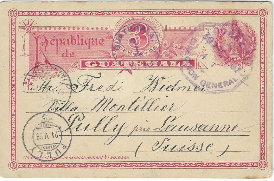 Guatemala (Picture Postal Stationery) 1898 (30 Abr) 3c. card to Pully, Switzerland cancelled by violet octagonal date stamp, Guatemala 1 handstamp to left, arrival cancels bottom left, reverse with circular blue image of Fishing with net, full message. 
