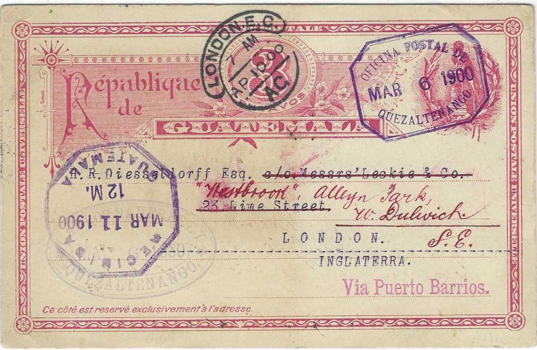 Guatemala (Picture Postal Stationery) 1900 (Mar 6) 3c. card to London cancelled by violet octagonal Quezaltenango date stamp, Guatemala transit handstamp to left, arrival cancel at top, reverse with full  blue image of Indian Woman holding a posy.