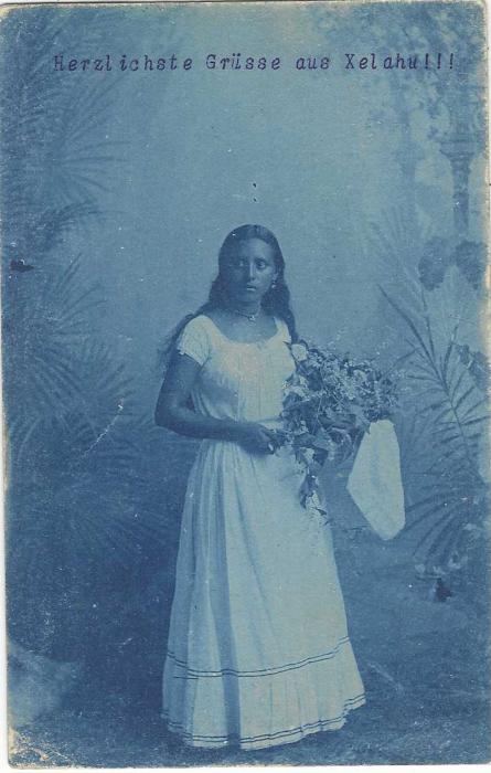 Guatemala (Picture Postal Stationery) 1900 (Mar 6) 3c. card to London cancelled by violet octagonal Quezaltenango date stamp, Guatemala transit handstamp to left, arrival cancel at top, reverse with full  blue image of Indian Woman holding a posy.