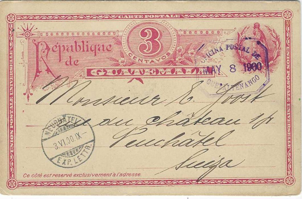 Guatemala (Picture Postal Stationery) 1900 (May 8) 3c. card to Neuchatel, Switzerland cancelled by violet octagonal Quezaltenango date stamp, Guatemala transit on reverse, arrival cds at left, reverse with part blue image of two Indian Men.
