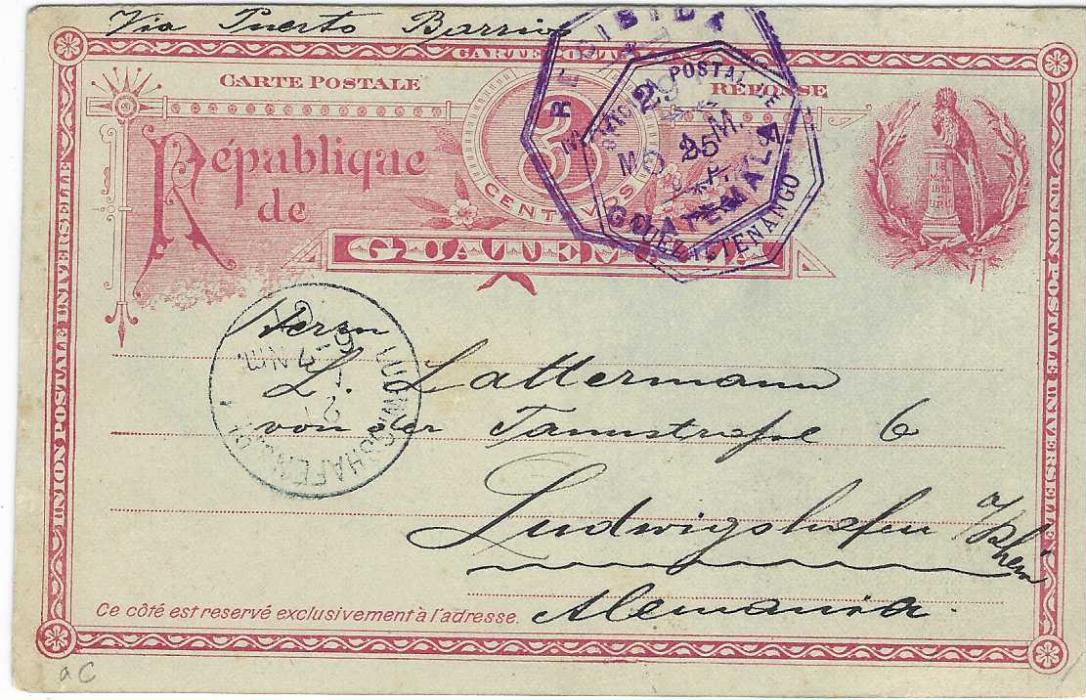 Guatemala (Picture Postal Stationery) 1901 (25 Mar) 3c. card to Ludwigshafen, Germany cancelled by violet octagonal Quezaltenango date stamp, Guatemala transit overstriking this, arrival cds at left, reverse with part blue image of Indian Woman.
