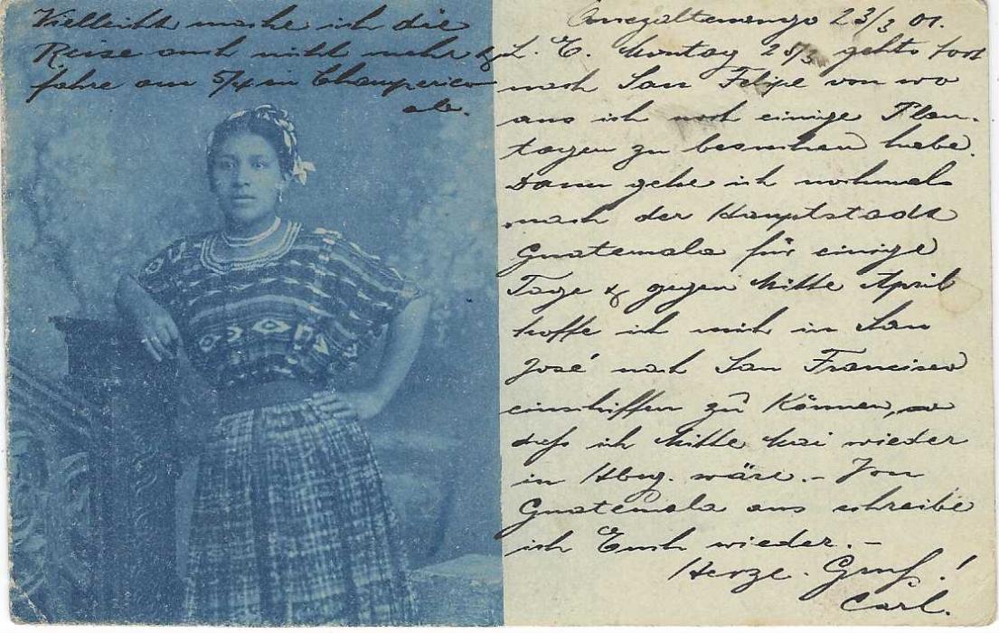 Guatemala (Picture Postal Stationery) 1901 (25 Mar) 3c. card to Ludwigshafen, Germany cancelled by violet octagonal Quezaltenango date stamp, Guatemala transit overstriking this, arrival cds at left, reverse with part blue image of Indian Woman.