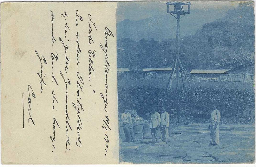 Guatemala (Picture Postal Stationery) 1901 (Mar 11) 3c. card to Ludwigshafen, Germany cancelled by violet octagonal Quezaltenango date stamp, Guatemala transit to left, arrival cds overstriking this, reverse with part blue image of men sacking some sun dried produce.