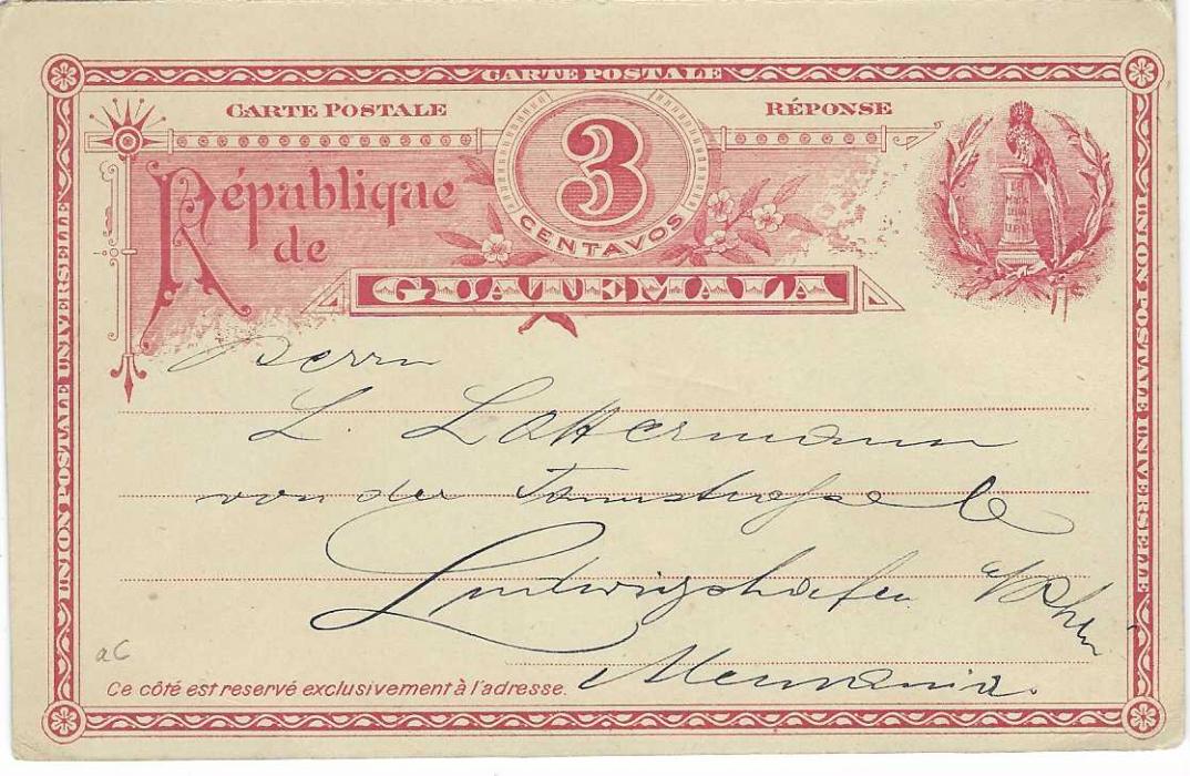 Guatemala (Picture Postal Stationery) 1901 3c. card addressed to Ludwigsburg, Germany  but not actually sent, reverse with part blue image of boy carrying bundled backpack of wood.