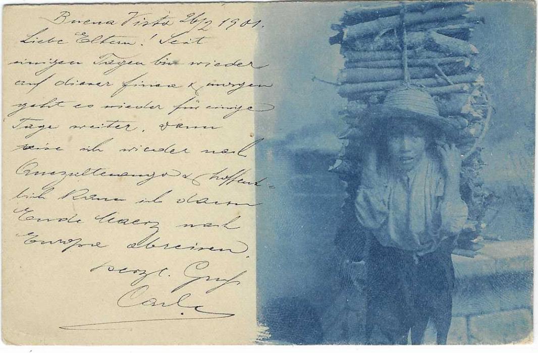 Guatemala (Picture Postal Stationery) 1901 3c. card addressed to Ludwigsburg, Germany  but not actually sent, reverse with part blue image of boy carrying bundled backpack of wood.