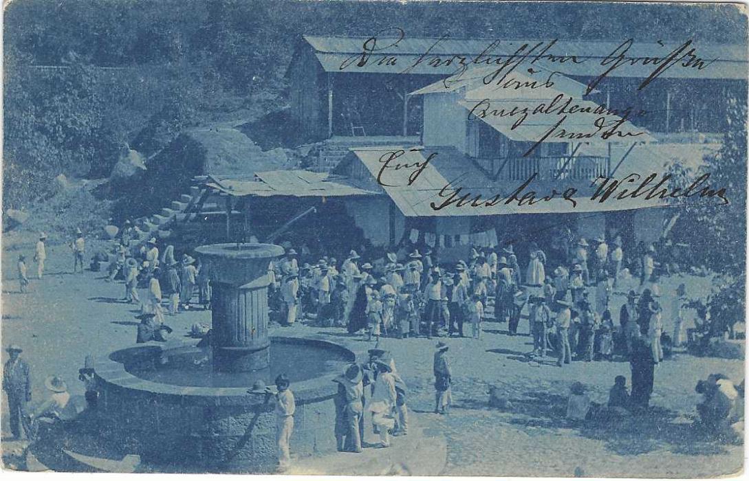 Guatemala 1901 (May 13) card intended for internal use to Wernburg, Germany cancelled octagonal violet Quezalenango date stamps, octagonal Guatemala to left with arrival cds, reverse with full blue image of crowd scene in town by well and with a dog.