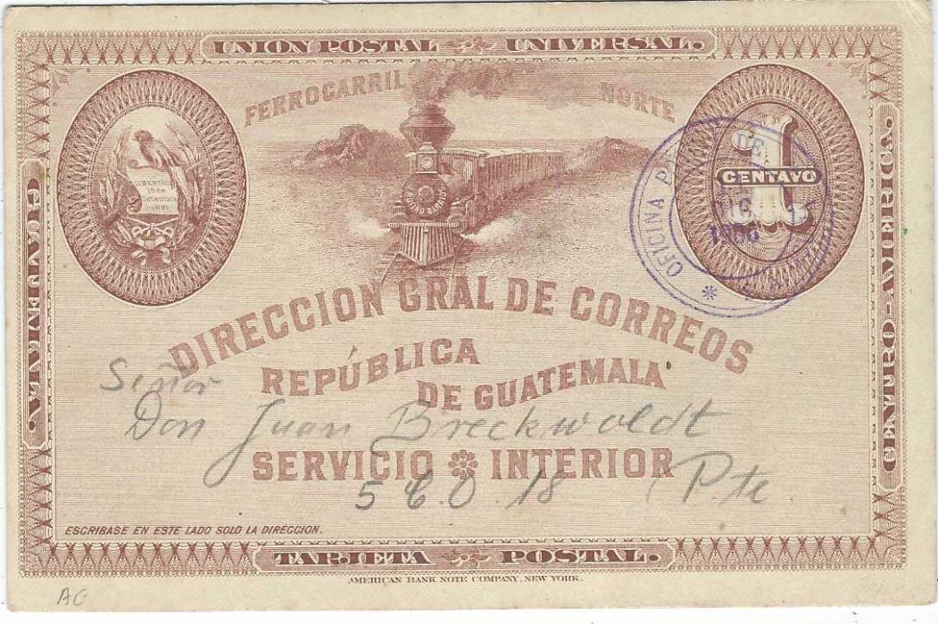Guatemala (Picture Postal Stationery) 1900 (11 Dic) 1c. Northern Railways card for internal use  cancelled violet S.A. OSUNA  date stamp, reverse bearing blue image of Indian women at a well.