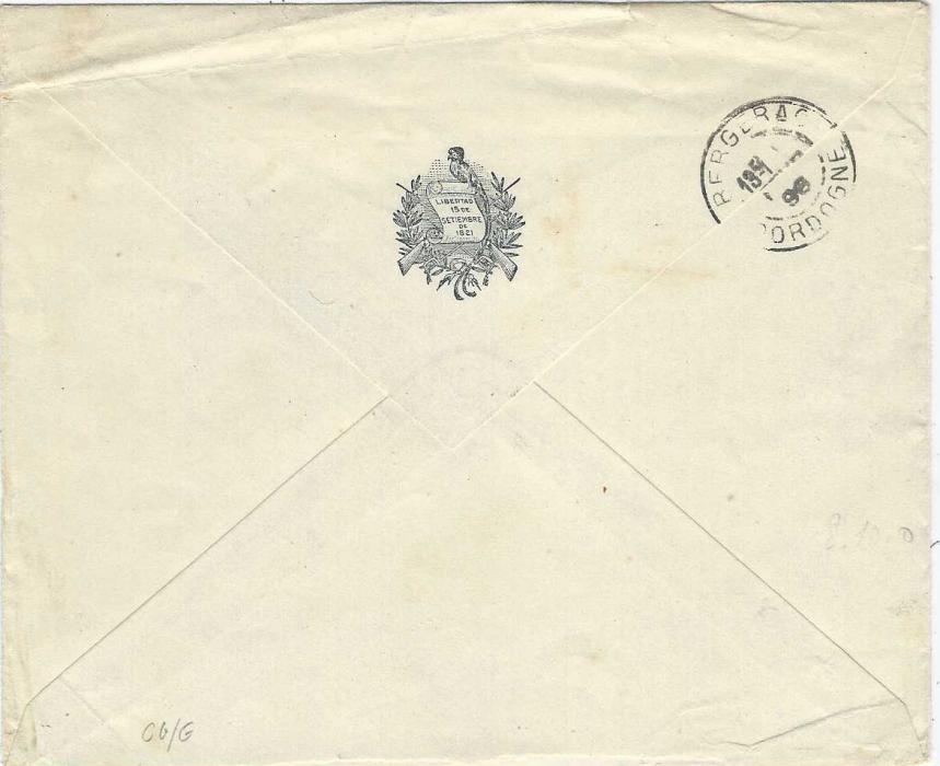 Guatemala 1898 (4 Ene) Official cover to “Consul de Guatemala, Bergerac, France” bearing single franking ‘Arms’ 10c. tied four bar handstamp, to left Oficial Direccion General date stamp with larger octagonal Correos date stamp below. Rever with printed State Arms on backflap and arrival cds; some creasing at top of envelope.