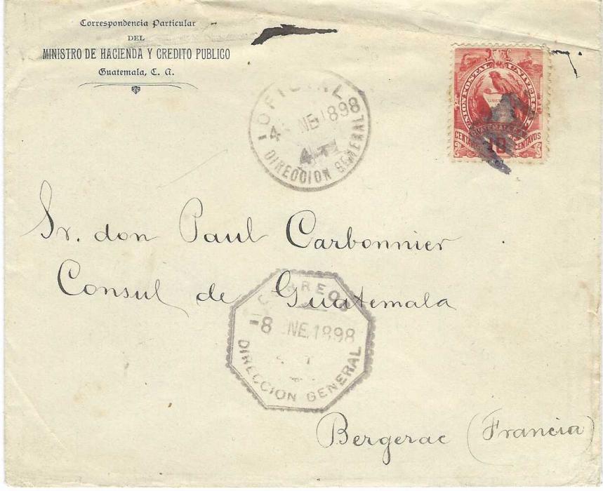 Guatemala 1898 (4 Ene) Official cover to “Consul de Guatemala, Bergerac, France” bearing single franking ‘Arms’ 10c. tied four bar handstamp, to left Oficial Direccion General date stamp with larger octagonal Correos date stamp below. Rever with printed State Arms on backflap and arrival cds; some creasing at top of envelope.