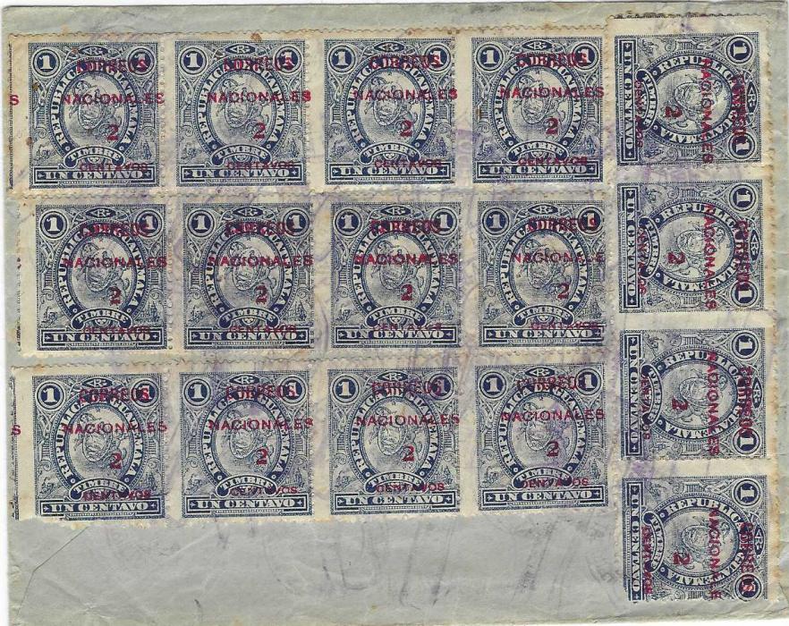 Guatemala 1898 (12 Oct) registered cover from to Quezaltenango tied by violet despatch cancels, oval transit and arrival franked 1898 postal fiscal  2c. on 1c. in two pairs on front and a further four strips of four on reverse; roughly opened at right not unduly detracting from an unusual franking.